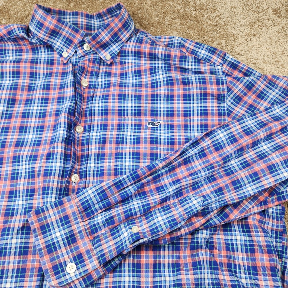 Vineyard Vines Tucker Shirt Mens Large Blue Orange Plaid Cotton Button Down Logo